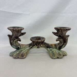 Vintage Germany Pottery Triple Candle Holder Jasba Keramik Orange Brown Glazed